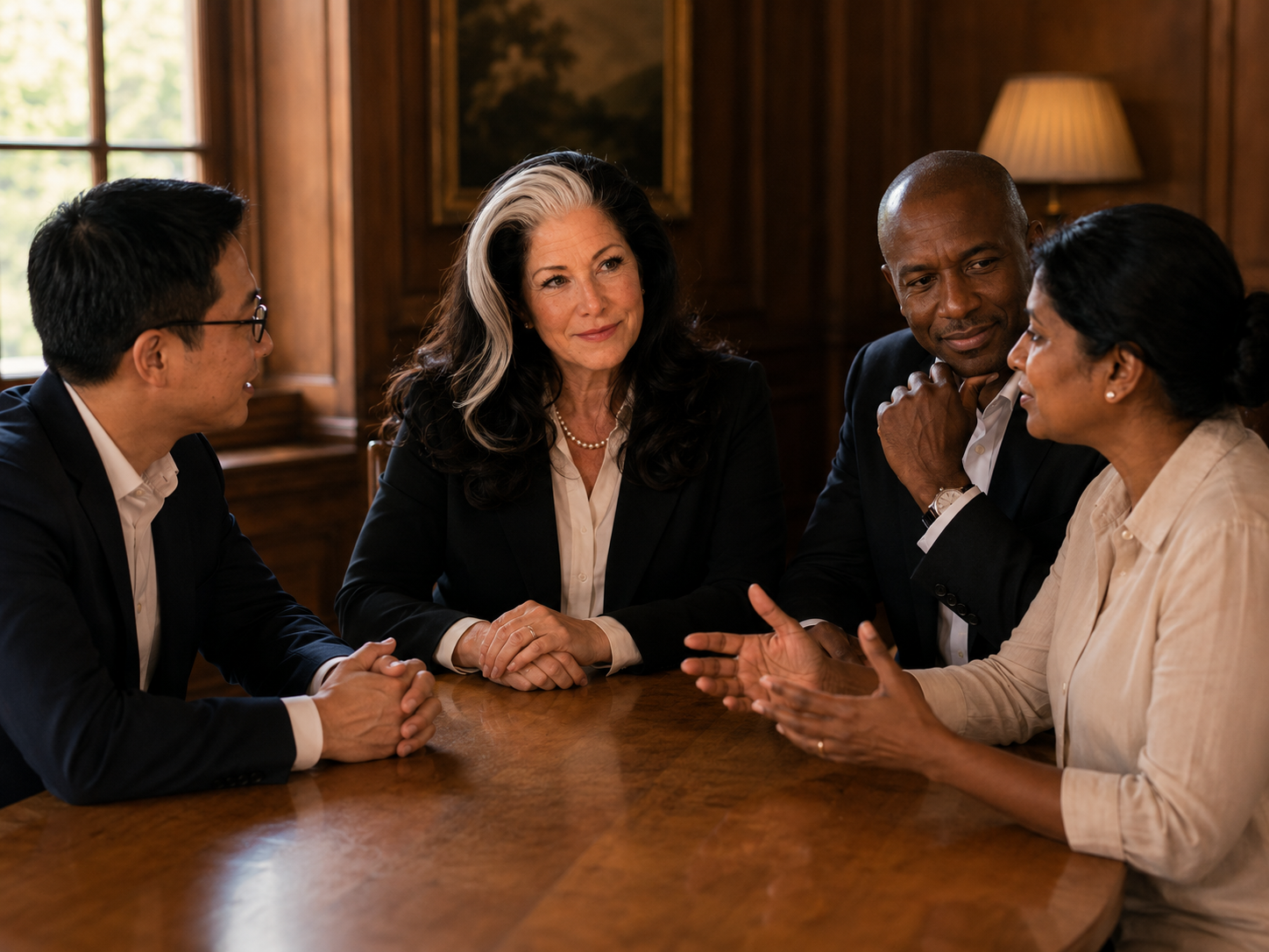 Maria Dolores in conversation with executive leaders around a wooden table.