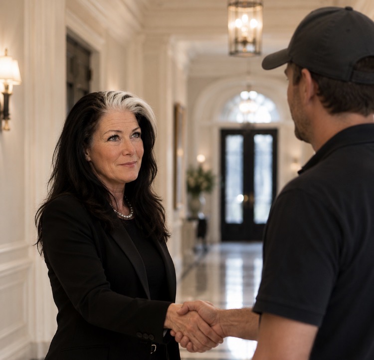 Maria Dolores greeting a trusted contractor in a private residence.