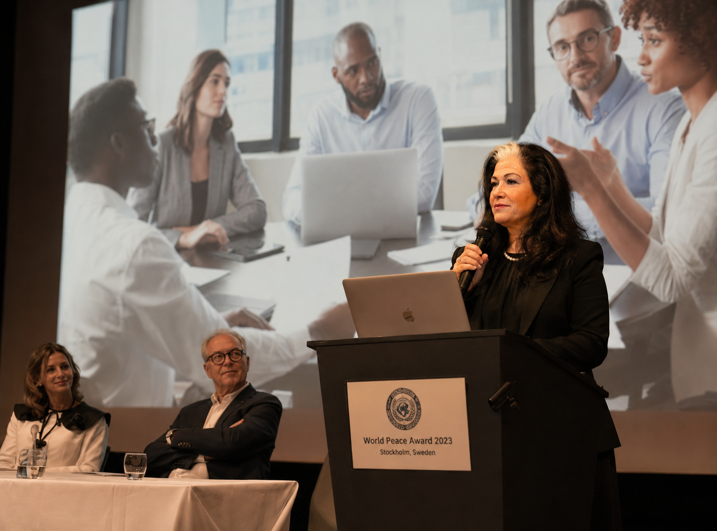Maria Dolores speaking at the World Peace Award in Stockholm.