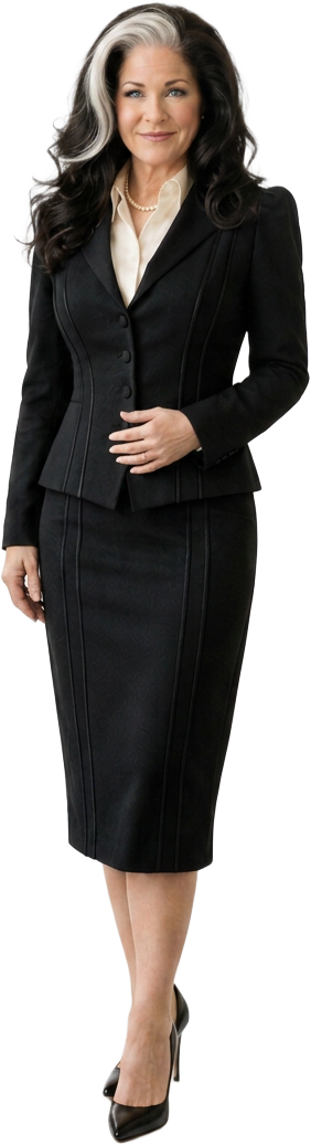 Portrait of Maria Dolores in a black tailored skirt suit and pearls