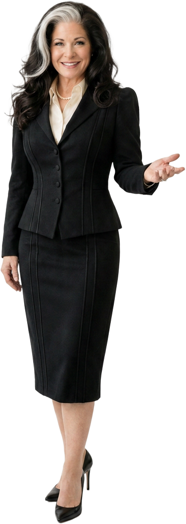 Maria Dolores in a black tailored suit, extending an open hand in a welcoming gesture.